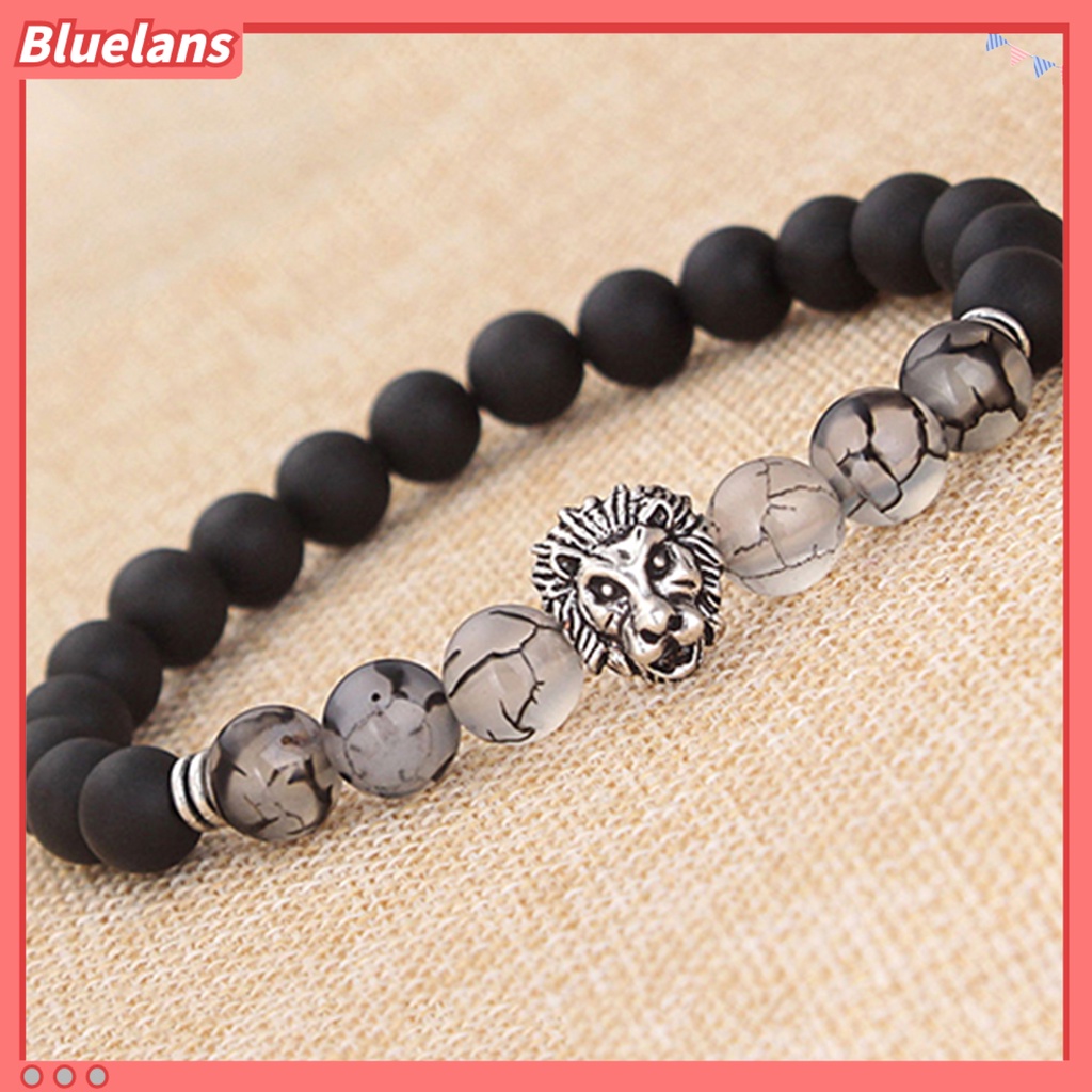 [BLS] Charm Gelang Elastis Adjustable Frosted Stone Silver Lion Beaded Cuff Bracelet Untuk Pakaian Sehari-Hari