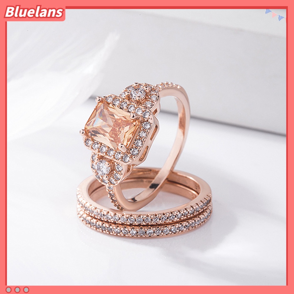 [BLS] 2pcs/set Ladies Rings Shiny Faux Crystal Rose Golden Alloy Cincin Elegan Perhiasan Aksesoris Fashion Mikro-Hias Square Rhinestones Rings Hadiah Pertunangan