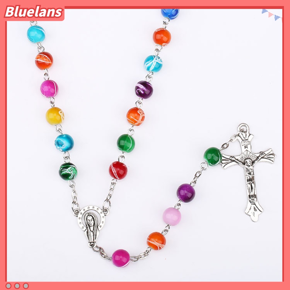 [BLS] Wanita Kristen Katolik Rosario Manik Jesus Cross Pendant Strand Kalung Perhiasan