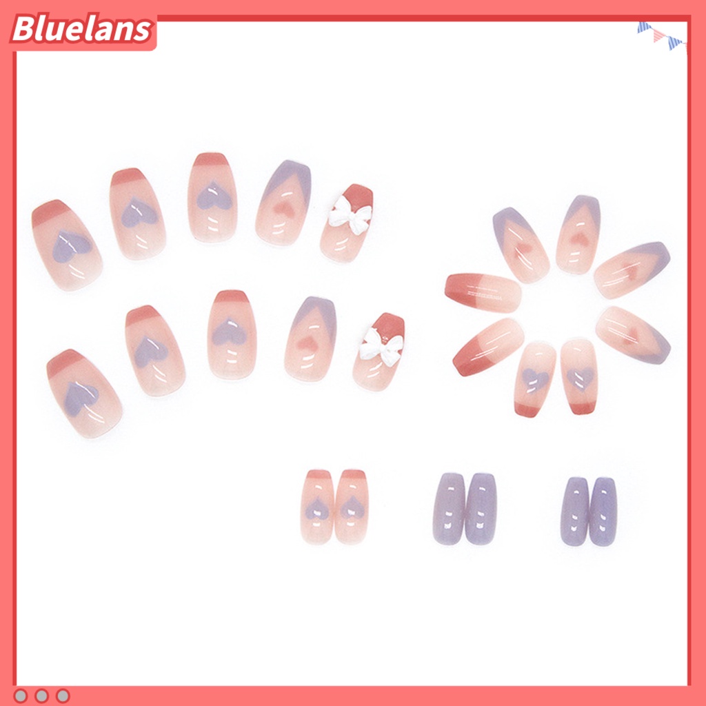 [BLM] 1set Kuku Buatan Penutup Penuh Gloss Tinggi Tahan Luntur DIY Mempesona Efek Visual Removable Bow Heart Fake Nail Dengan Lem Kuku Salon Supply