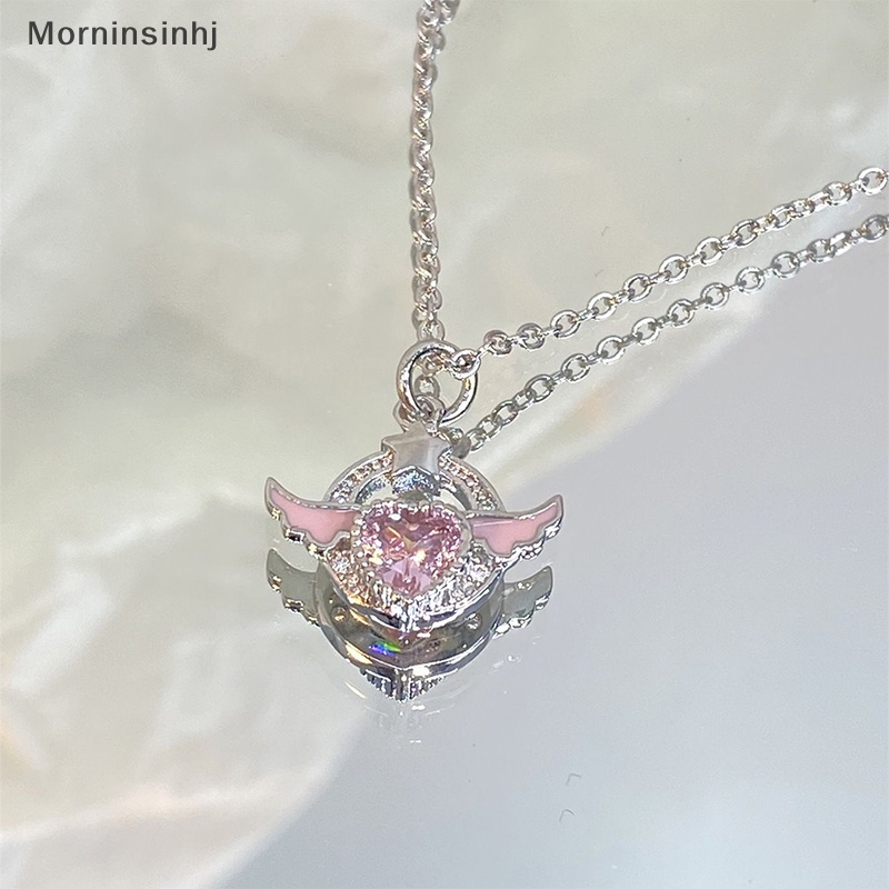 Mornin Warna Perak Kristal Sayap Malaikat Hati Liontin Kalung Wanita Gadis Sederhana Pink Zirkon Cinta Elegan Kalung Wanita Perhiasan id