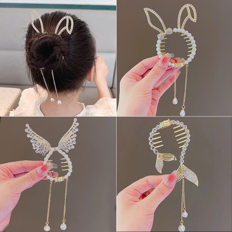 Fringed pearl hairpin girl Lucu Kartun Sayap Malaikat Telinga Kelinci Korea Berkilau Hiasan Rambut Berlian