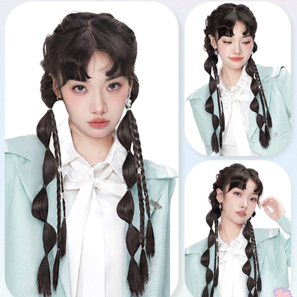 Wig Ekstensi Rambut Ponytail Kepang Ganda Gaya Lisa Manis Dan Keren Untuk Aksesoris Rambut Wanita 50cm