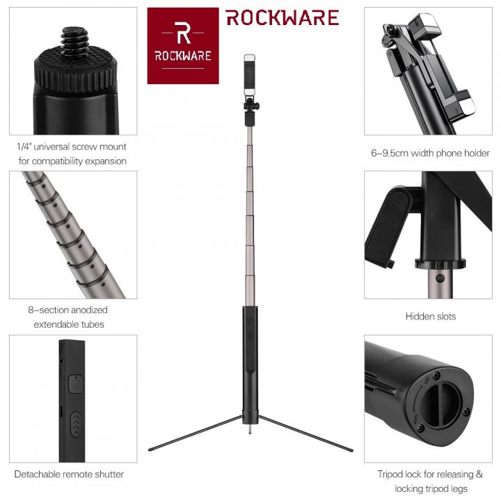 45 ROCKWARE RW-K30 - Hand-held Stabilizer - Tripod Tongsis Selfie Light