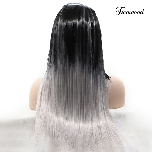 Twowood Wanita Seksi Panjang Lurus Wig Rambut Tahan Panas Hitam Ombre Abu Wig Pesta