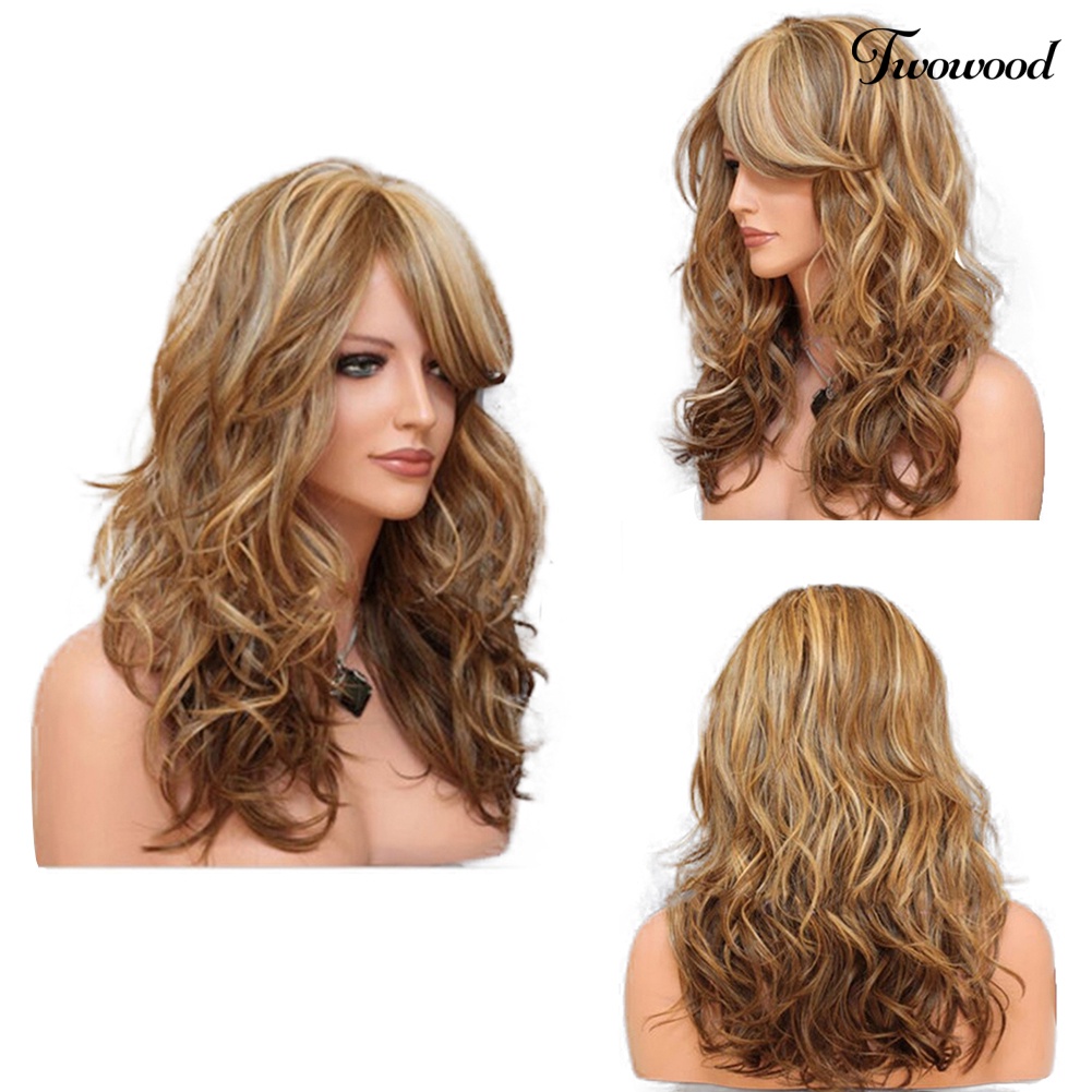 Twowood Fashion Wanita Sideswept Bangs Curly Panjang Full Wig Cosplay Pesta Sopak