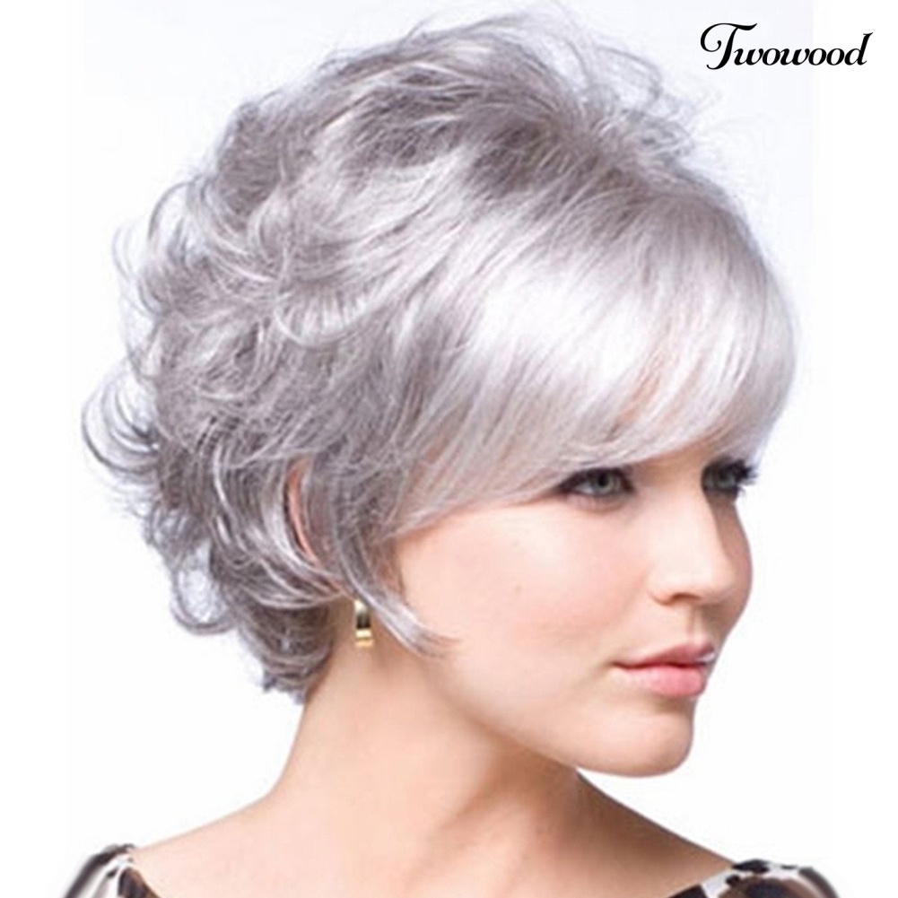 Twowood Wanita Fashion Nenek Abu Pendek Keriting Wig Berbulu Matte Sintetis Sopak