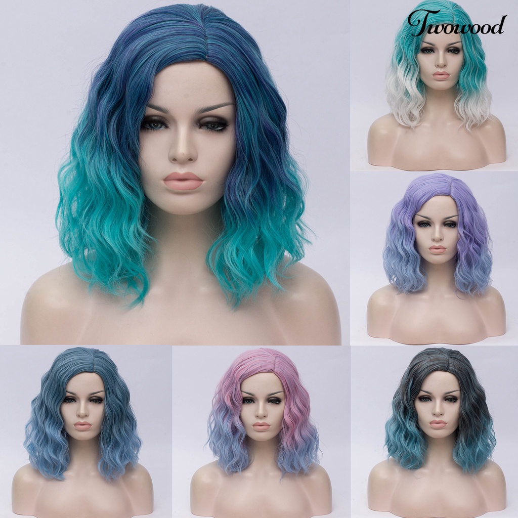 Twowood Wanita Fashion Gradien Mie Instan Keriting Medium Pendek Wig Cosplay Sopak