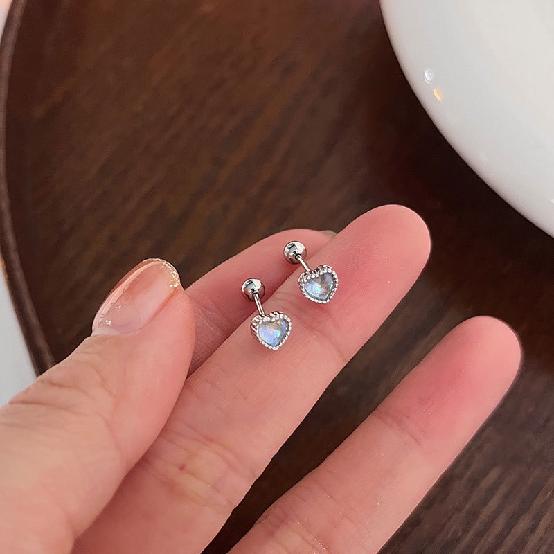 Anting Perak Hati Moonstone Y2K Kristal Stud Earring Untuk Wanita Fashion Perhiasan Aksesoris