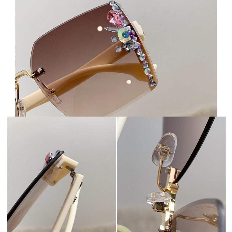 (YUZHU) Trendy Fashion Rimless Trimmed Sunglasses Square Diamond Shimmering Sunshade Untuk Wanita