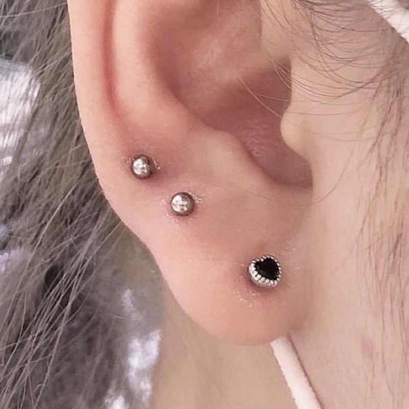 Roselife S925 Perak Bersinar Hitam Transparan Zirkon Jantung Tindik Sekrup Anting Untuk Wanita Perempuan Anti Alergi Double-end Tindik Kecil Kristal Stud Earring Perhiasan Telinga 1pasang