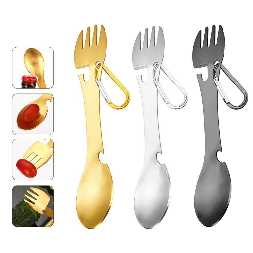 Spork Multifungsi Stainless Steel 5in1 Pisau Sendok Gantungan Kunci Pembuka Botol Alat Makan Untuk Camping Piknik Utensil