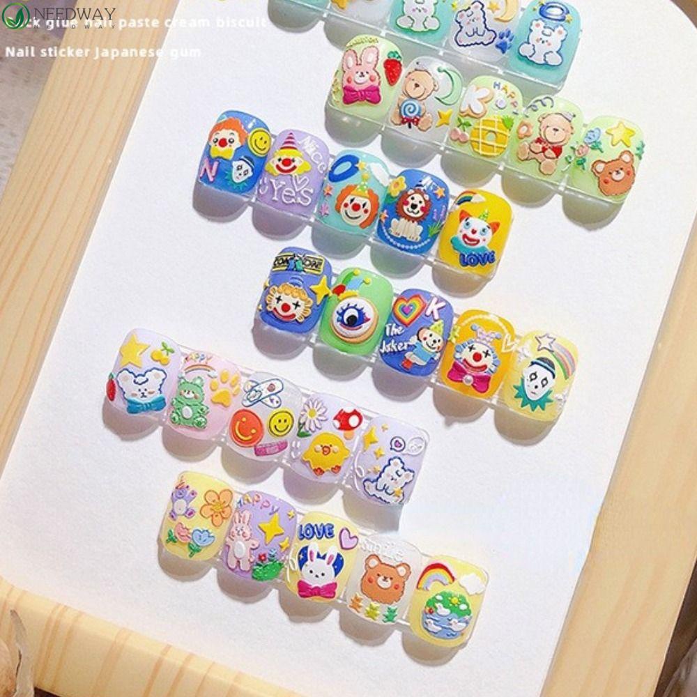 Needway Beruang Kelinci Stiker Kuku Gadis 5D Nail Art Decals Lem Belakang Kartun Relief Manicure Charms