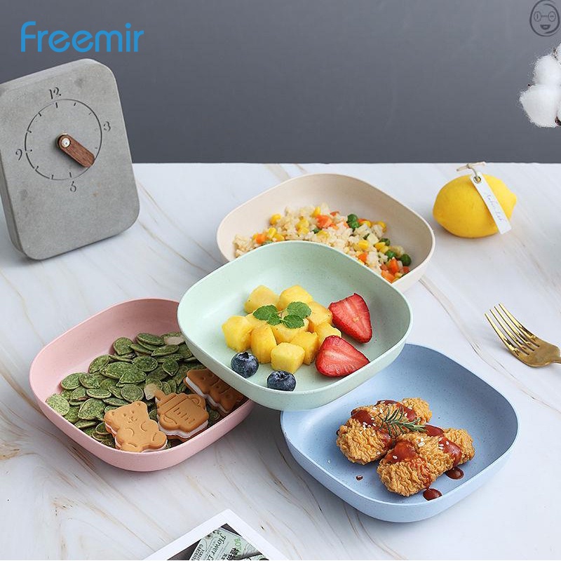 freemir Piring Kue Set 4 Pcs Ukuran 14 cm Wheat Straw Piring Makan Kotak Warna Warni