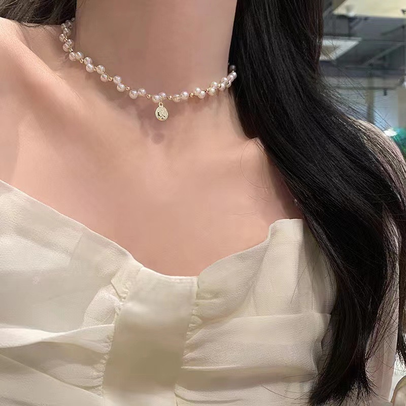 Kalung Mutiara Liontin Potret Emas Sederhana Untuk Wanita Gaya Korea Seksi Pendek Mutiara Klavikula Rantai Kalung Pendek Mutiara Choker Perhiasan