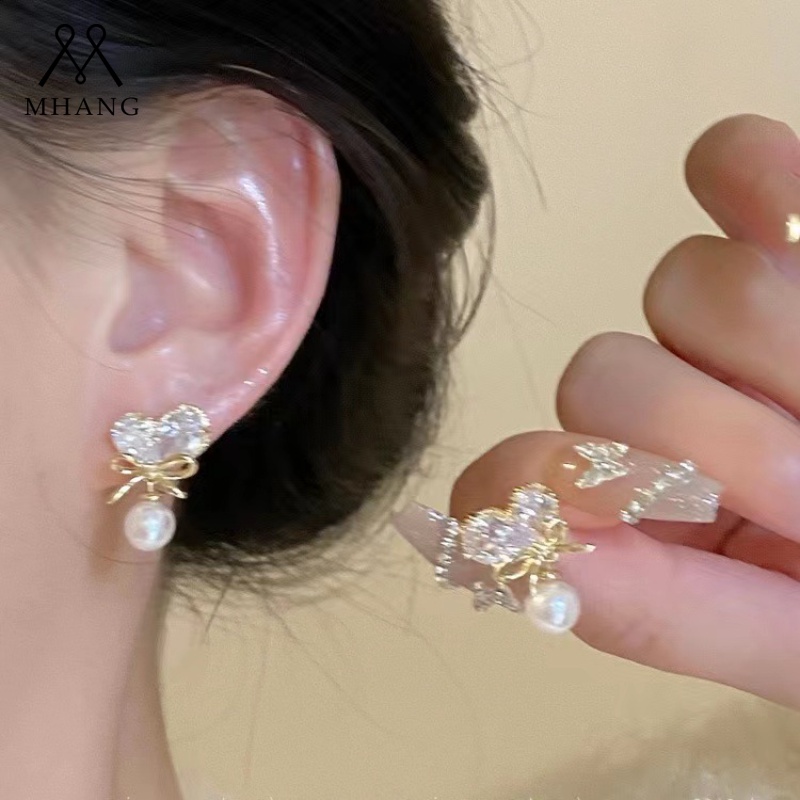 Anting Mutiara Hati Zirkon Gaya Korea Untuk Wanita Vintage Anting Drop Busur Emas Mewah2023Perhiasan Baru