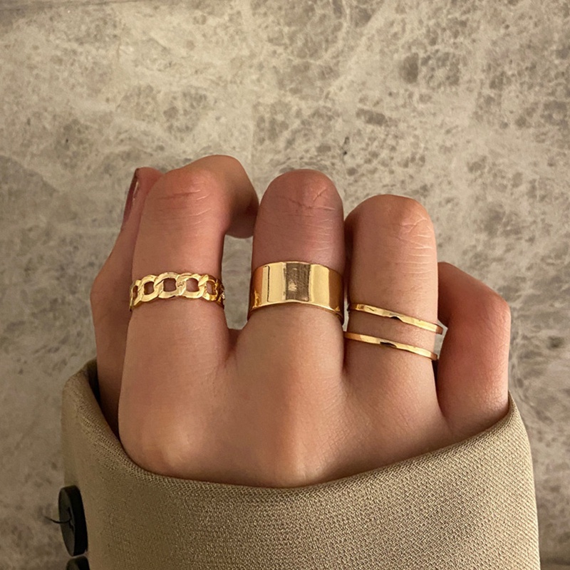 3pcs /Set Cincin Gaya Hip Hop Keren Gaya Punk Rantai Terbuka Cincin Set Populer Cincin Besar Desain Eropa