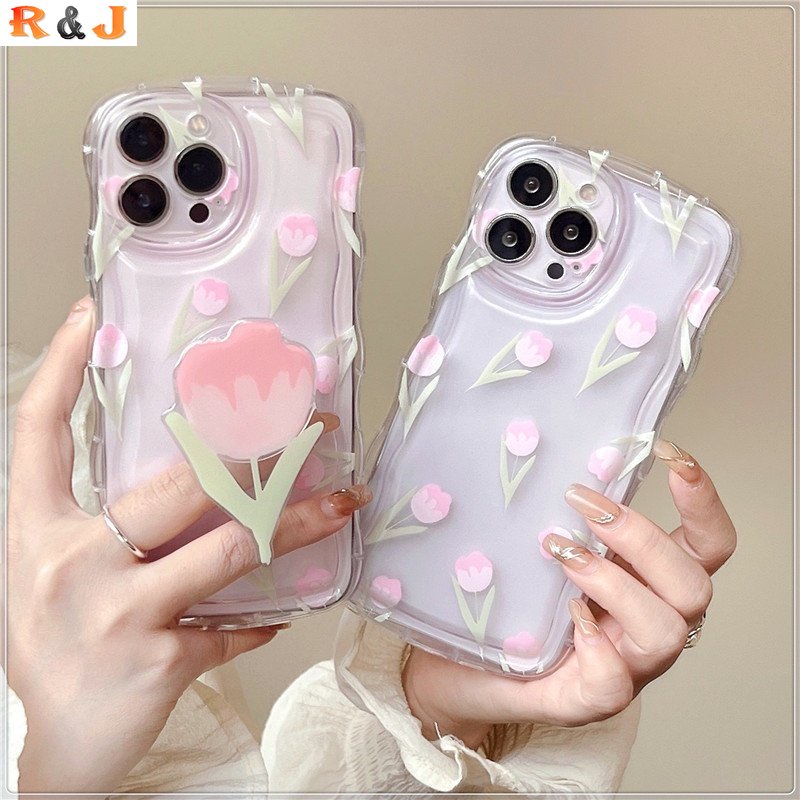 Case Samsung A14 A13 A04e A04s A04 A03s A02s A03 M23 A23 A22 A12 A32 A31 A21s A10S A20 A52 A30s A51 A71 A53 M32 A02 Fresh Minimalist Tulip Wavy Curved Edge Case Dengan Bracket Bunga