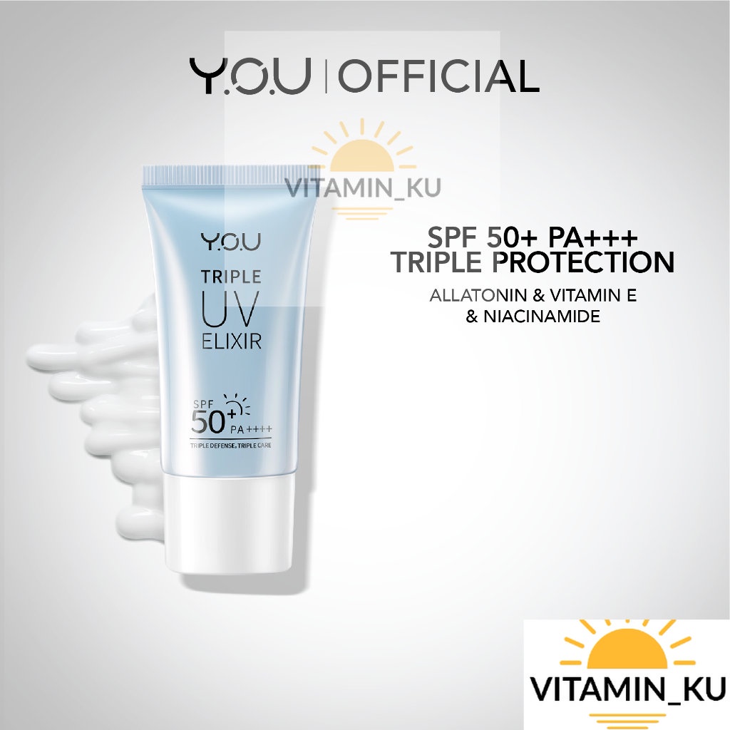 YOU Triple UV Elixir Sunscreen Gel SPF 50+ PA++++ [UVA UVB Blue Light Protection] Sunblock untuk Kulit Berminyak | Tone Up Cream | Mineral Sunscreen Chemical Sunscreen VITAMINKU