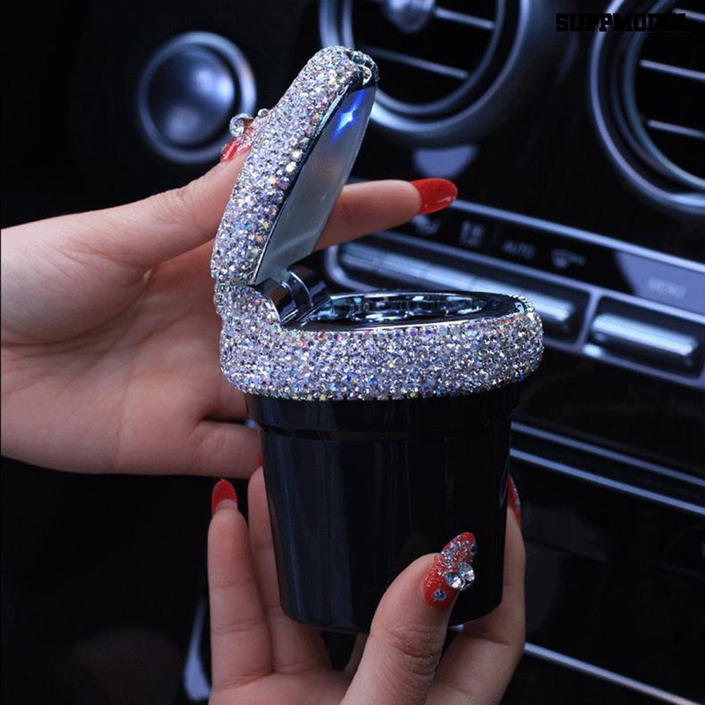 [SM] Car Ash Tray with Lid LED Blue Light Odor Proof less Mini Rhinestone Tanam Tempat Tong Sampah Otomatis Aksesoris Interior Mobil