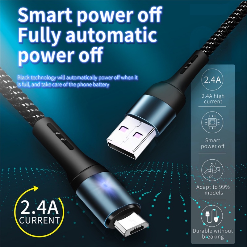 Kabel Mikro Tipe-C Dengan Indikator Power Off Cerdas Yang Dikepang Dengan Fitur Transmisi Data Pengisian Cepat Kekuatan Tinggi 1M 2M