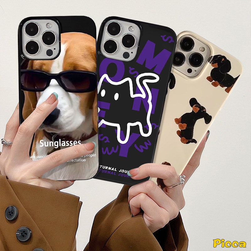 Graffiti Fun Dachshund Dog Glossy Phone Case Kompatibel Untuk IPhone 7Plus 11xr 7 8 Plus X XS Max 12 11 14 13 Pro Max SE 2020 Kacamata Hitam Anjing Kucing Lucu Shockproof Lembut Tpu Penutup Belakang