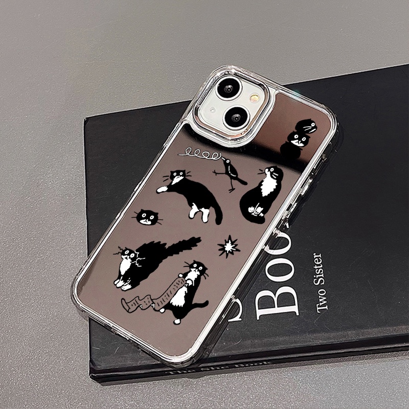 IPHONE Kartun Kucing Hitam Cermin Ponsel Case Kompatibel Untuk Iphone11 12 13 14 12Pro 13Pro 14Pro Pro Max XR X XS Max Electroplating Tombol Perlindungan Mirror Cover