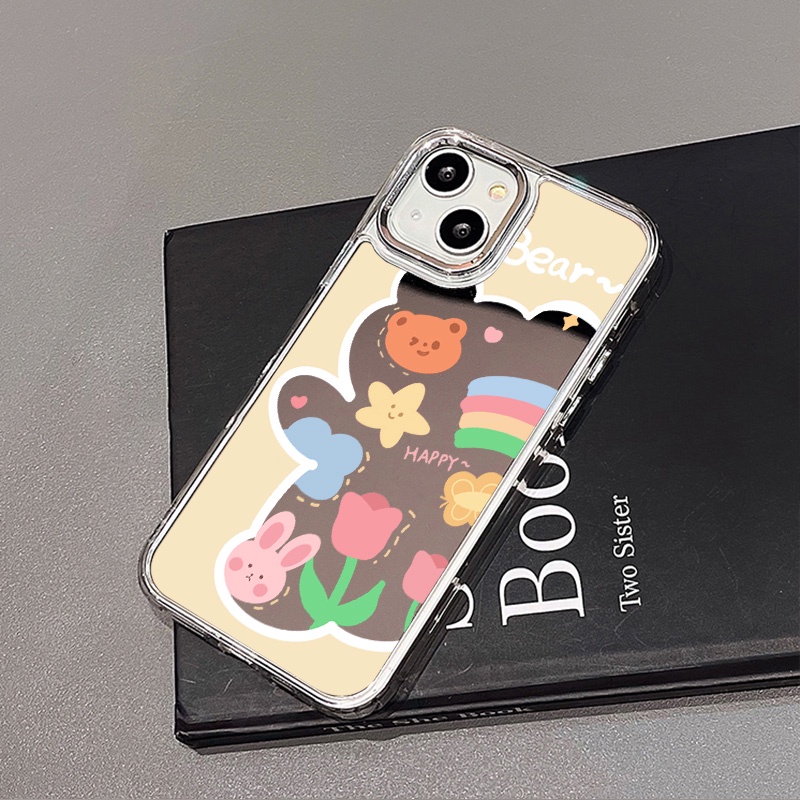 IPHONE Happy Bunny Bear Mirror Phone Case Kompatibel Untuk Iphone11 12 13 14 12Pro 13Pro 14Pro Pro Max XR X XS Max Electroplating Tombol Perlindungan Mirror Cover