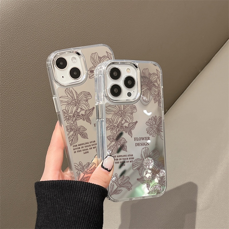 IPHONE Line Flower Design Mirror Phone Case Kompatibel Untuk Iphone11 12 13 14 12Pro 13Pro 14Pro Pro Max XR X XS Max Electroplating Tombol Perlindungan Mirror Cover