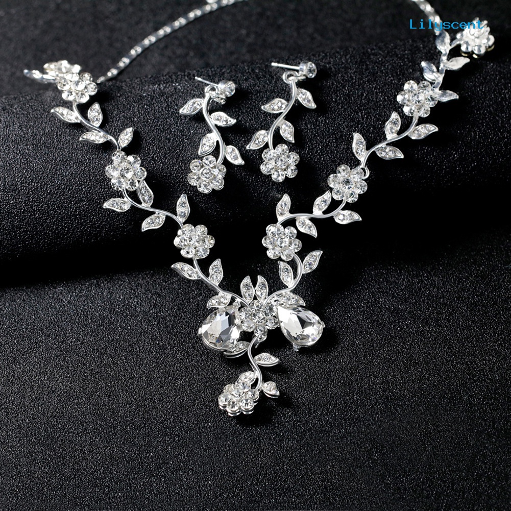 [LS]Wanita Berlian Imitasi Daun Bunga Kalung Stud Anting Pernikahan Bridal Perhiasan Set