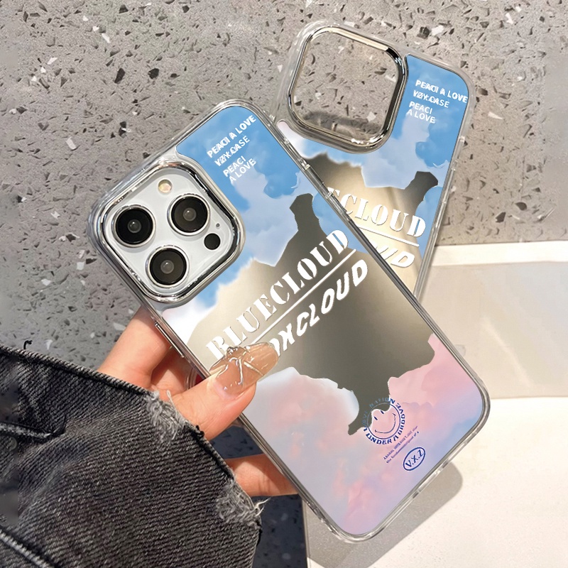 IPHONE Casing Ponsel Cermin Awan Biru Pink Kompatibel Untuk Iphone11 12 13 14 12Pro 13Pro 14Pro Pro Max XR X XS Max Electroplating Tombol Perlindungan Mirror Cover