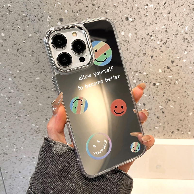 IPHONE Case Ponsel Cermin Wajah Smile Kompatibel Untuk Iphone11 12 13 14 12Pro 13Pro 14Pro Pro Max XR X XS Max Electroplating Tombol Perlindungan Mirror Cover