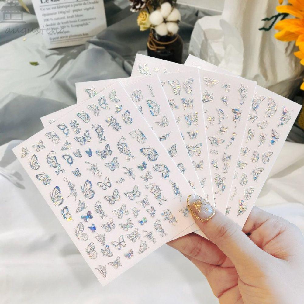 AUGUSTINA Agustina Perekat Stiker Kuku Glitter Kupu-Kupu Stamping Kuku Kecantikan DIY Stiker Kuku Hologram Nail Art Dekorasi