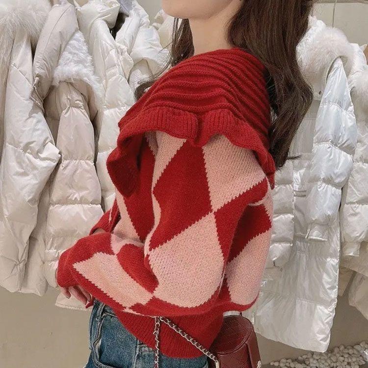 MONA WOMAN KNIT CARDIGAN IMPORT KOREAN STYLE BAJU RAJUT WANITA MUSIM DINGIN - MERAH