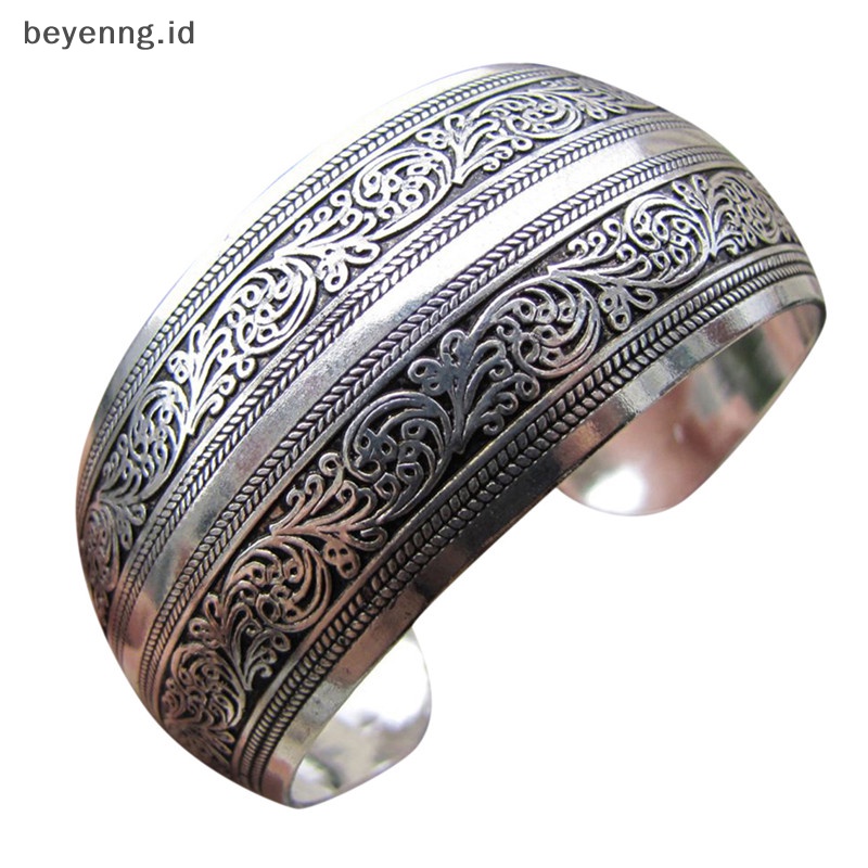 Beyen Tibet Perak Disepuh Tibet Totem Bangle Perhiasan Cuff Lebar Gelang Antik Wanita ID