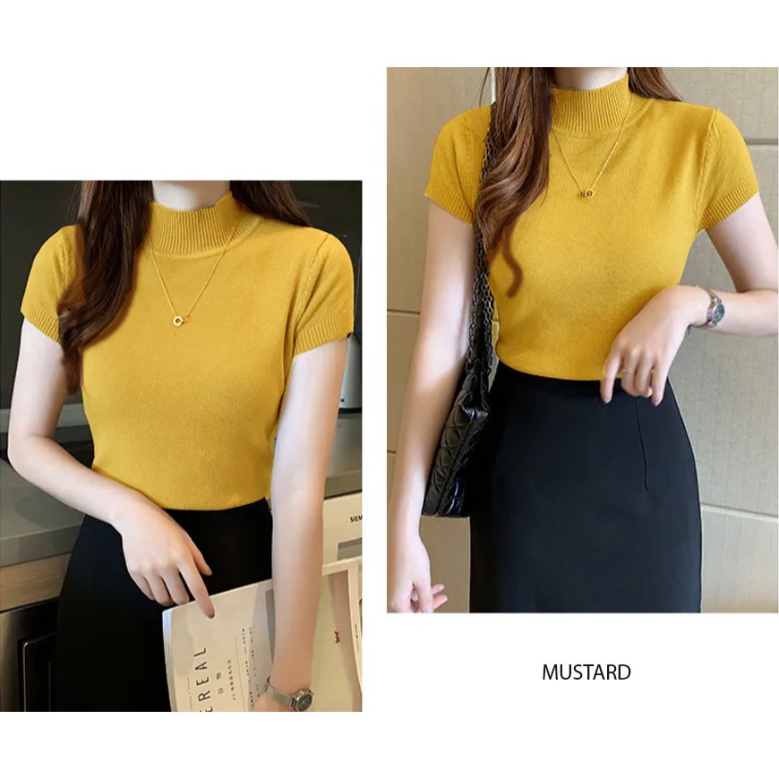 Blouse lengan pendek knit kerah tinggi