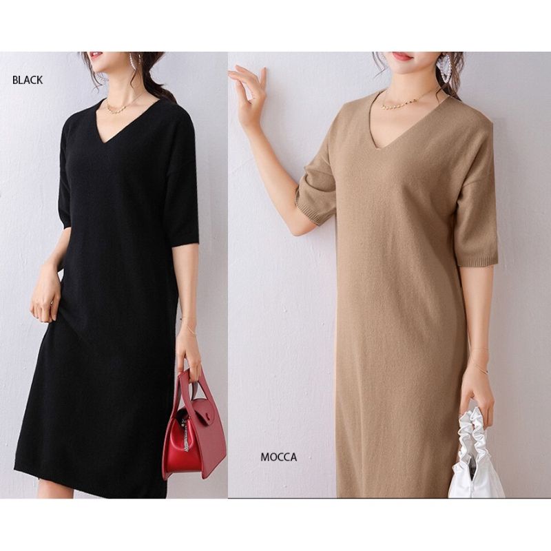 (D201) Slit short sleeve v neck knit dress midi rajut wanita