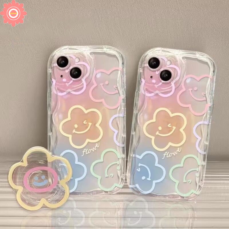 Smile Flowers Lucu Holder Phone Case Untuk Redmi A1 9 10A 9A 10C 10 9T 9C NFC A2 Redmi Note11 12 9 8 10s 11s 10 Pro Max POCO M3 3D Wavy Curved Edge Flower Stand Holder Phone Cover