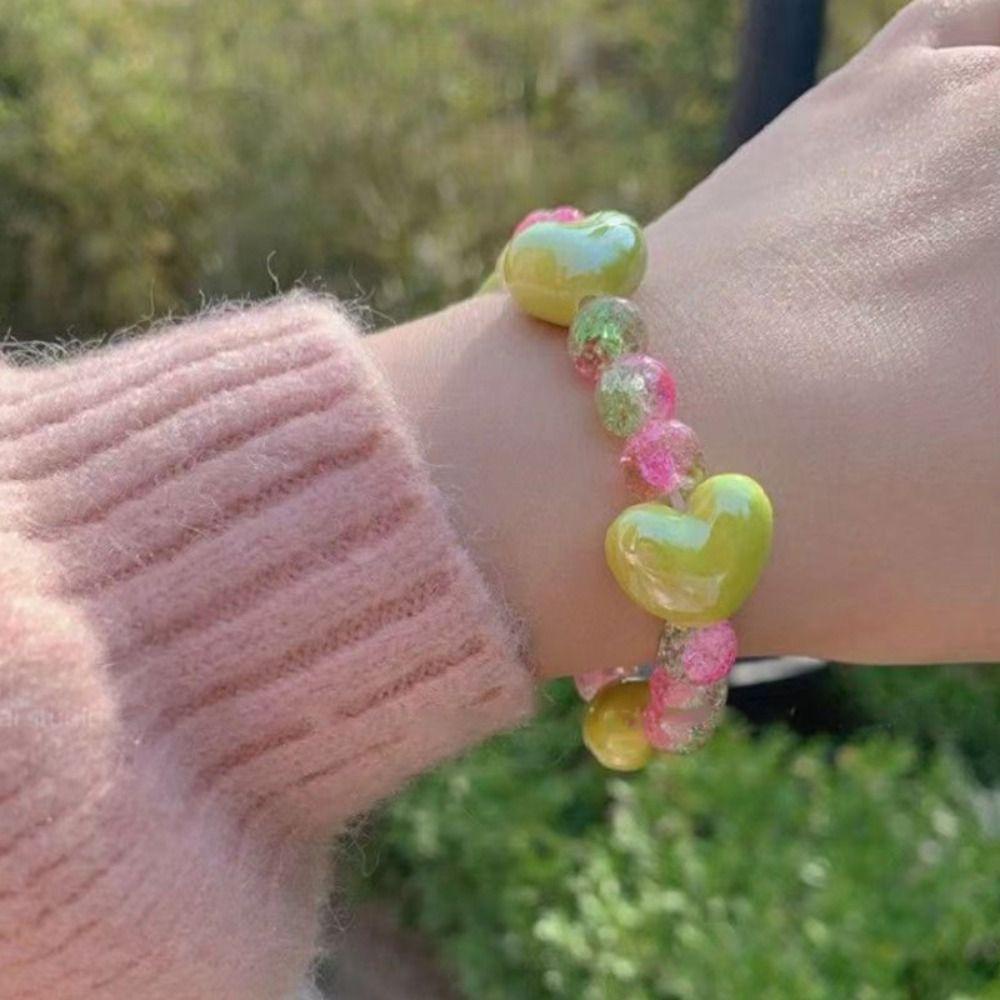 Mxbeauty Kalung Choker Hati, Gelang Manik-Manik Kaca Hijau, Rantai Harajuku Dopamin Gelang Peregangan Merah Muda Untuk Hadiah