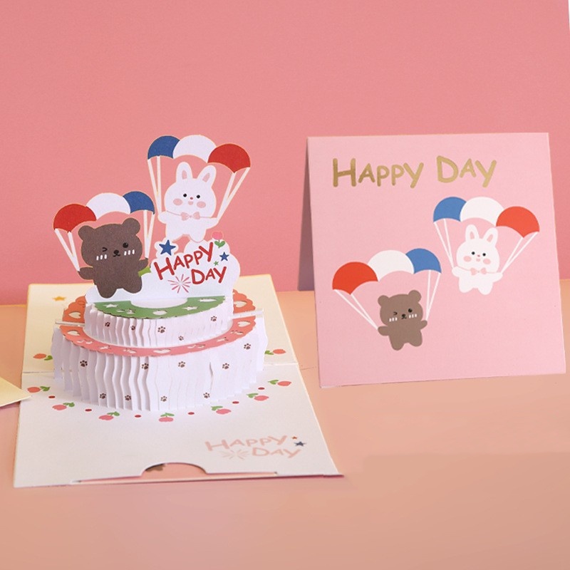 Ins Lucu Kartun Hewan Kue Kartu Ucapan Kreatif Commemorative 3D Celebrate Birthday Cards