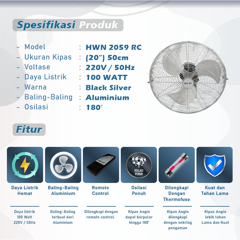 Sekai Kipas Angin Dinding 20 Inch HWN 2059 RC / HWN2059RC (Remote) Wall Fan