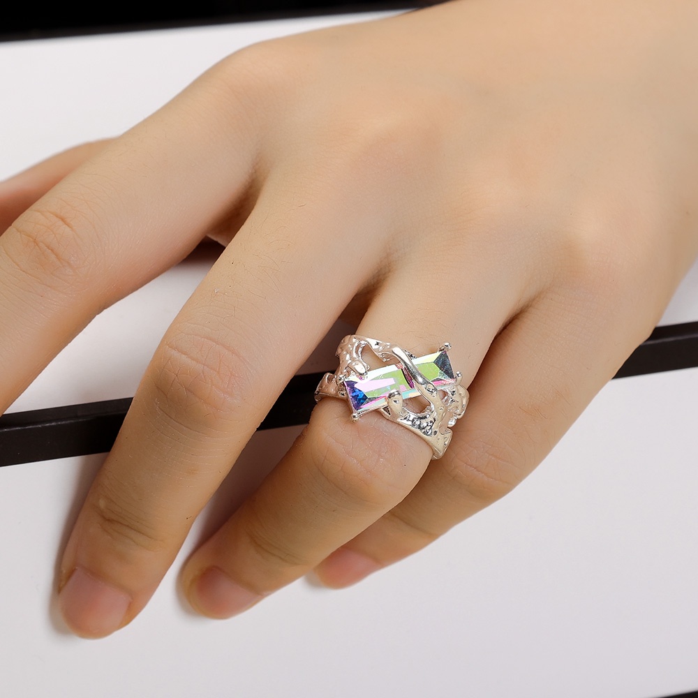 Neo-go cincin kristal berduri berongga / cincin persegi panjang permata ungu Y2K / cincin jari Hip-Hop Punk Unisex / Vintage cincin pembukaan warna perak / wanita pria Fashion perhiasan