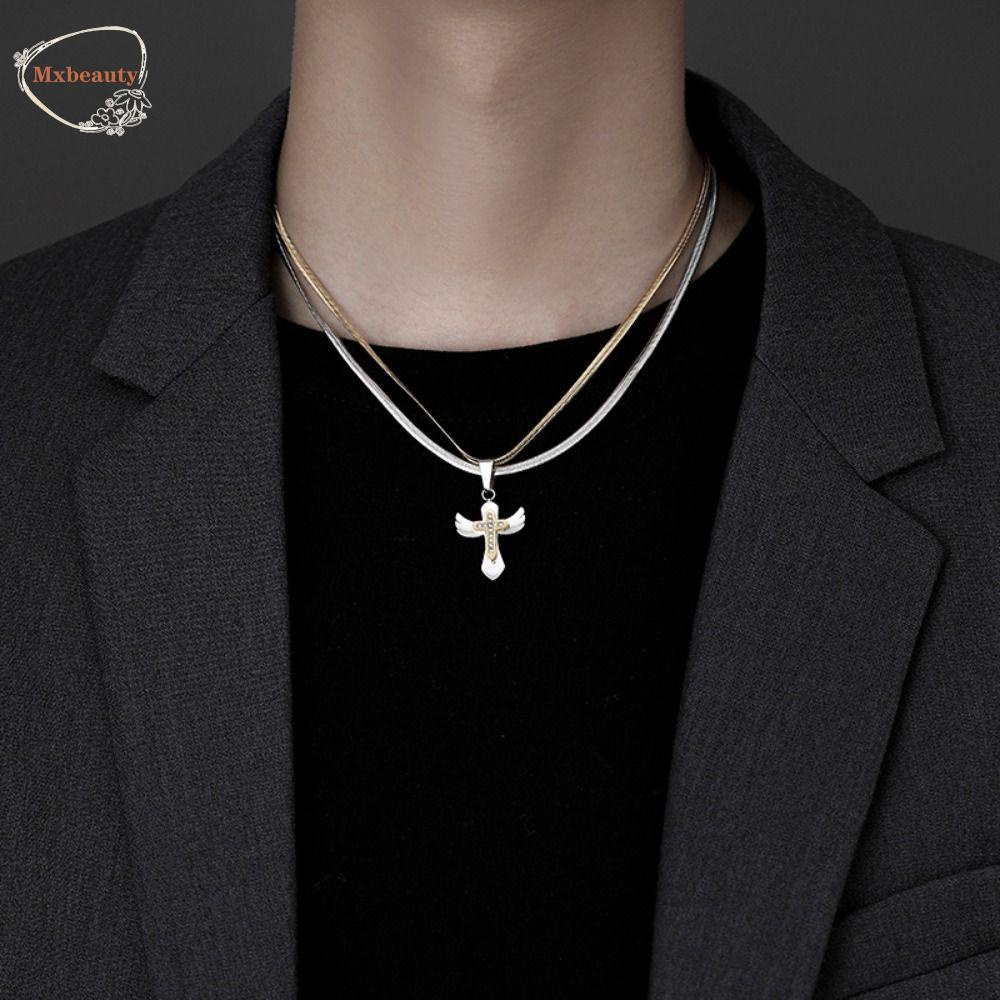 MXBEAUTY Pria Kalung Pesta Jalan Sayap Hiphop Liontin Salib Tembaga Keren Gaya Korea Necklace