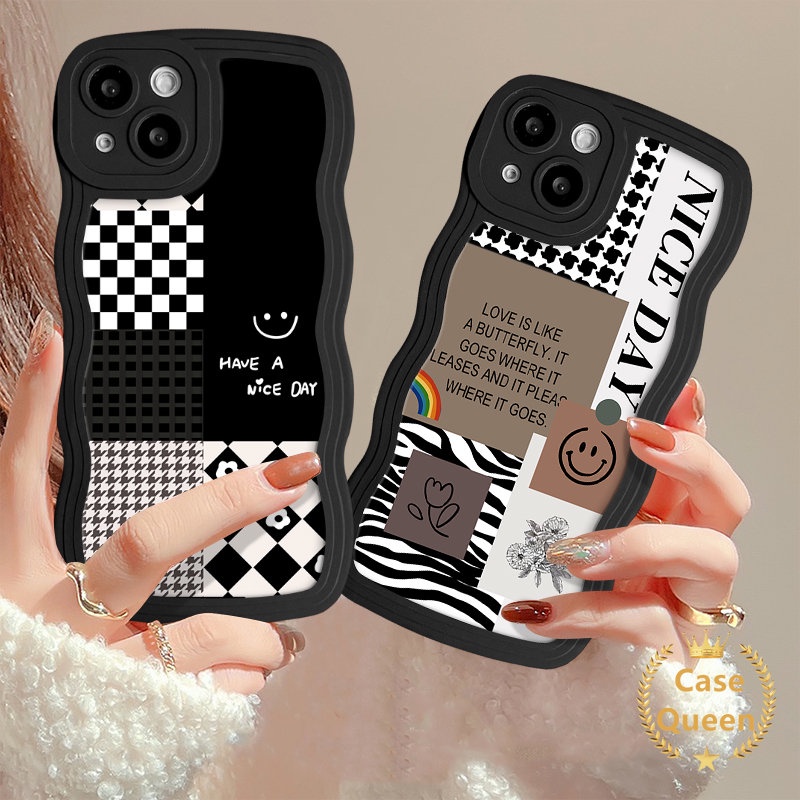 Houndstooth Diamond Pattern Lattice Splicing Flower Case Untuk Redmi 9C NFC A1 10A 12C 10C 9A 9C 10 9 9T Note9 10S 8 10 11 11s Lembut Bergelombang Tepi Pola Kupu-Kupu Splicing Penutup Senyum