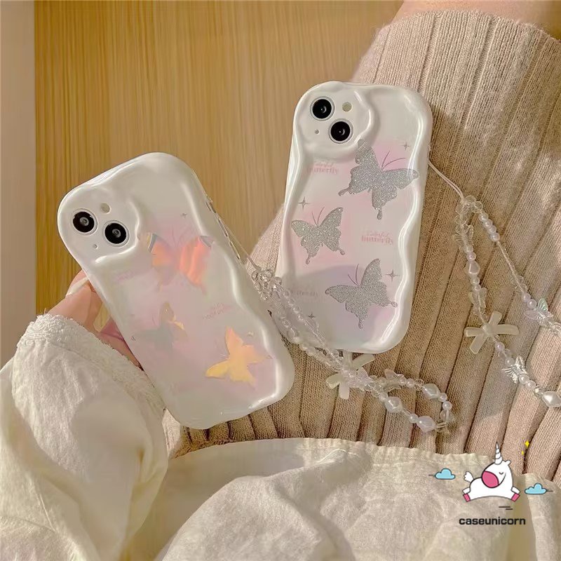 Untuk Realme C53 C35 C55 C11 C25Y C33 C30 C25 9i 5s 5i 7i 6i C21Y C20 C25s C12 C17 C31 C20A C15 C3 C21 C1 Dreamy Laser Butterfly 3D Wavy Curved Edge Soft Case Dengan Gelang Lanyard