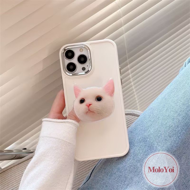 IPHONE Casing Ponsel Bracket Kucing Kitty Lucu Kompatibel Untuk Iphone11 14 13 12 Pro MAX 7plus X XR 78 Plus XS MAX Mewah Plating Bingkai Lensa Logam Warna Solid Sederhana Soft Cover