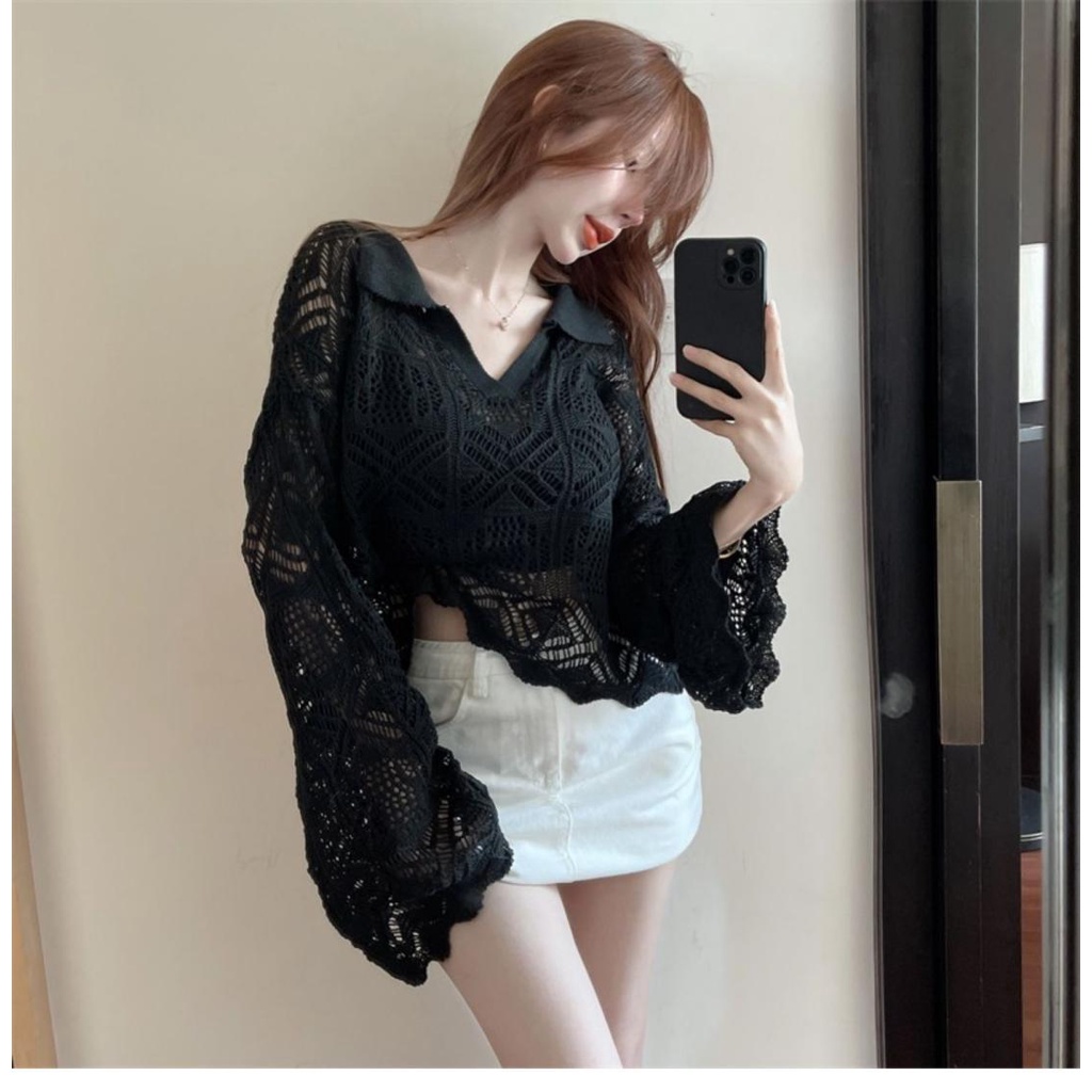 Outerwear Wanita Cutout Polos Lengan Panjang Rajut Atasan Premium