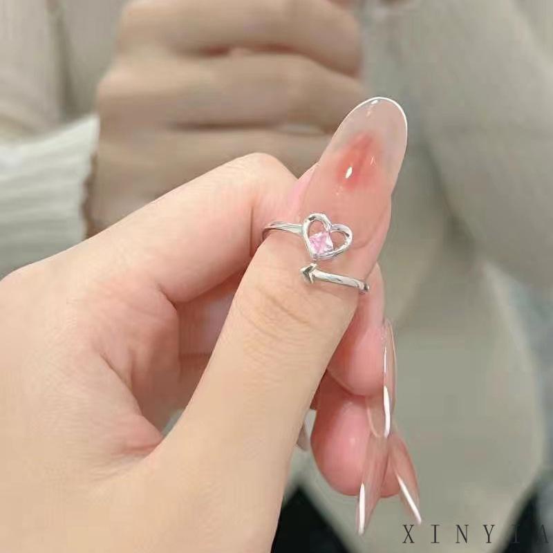 pink Berlian Imitasi Jantung Cincin Perempuan Ins Mulut Terbuka Cincin Pasangan Mahasiswa Kreatif Cincin