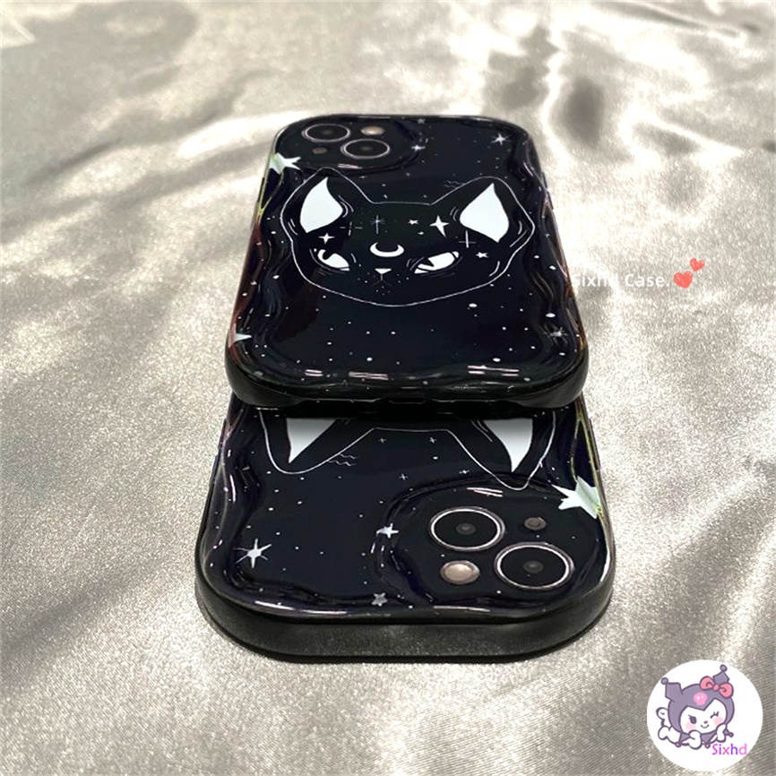 Samsung A14 A53 A54 A04 A12 A13 A24 A23 A04s A22 A33 A50 A50s A30s A51 A52 A03s A02s M12 M22 Ins Cartoon Black Cat 3D Curved Edge Wave Glossy Shockproof Phone Case Soft Cover