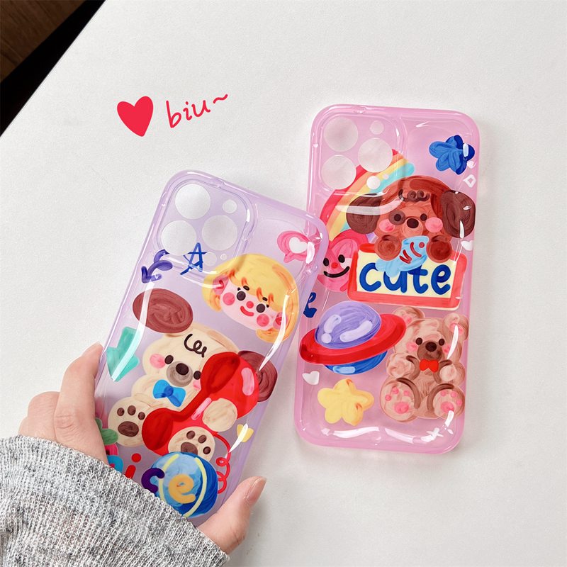 Cute Oil Painting Bear Soft TPU Case HP iP iPhone 12 13 14 Pro Max 11 FTD Girl Woman Casing Apple